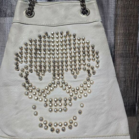 Symeli Cream Gold Studded Skull Faux Leather Goth Punk Emo Bag Purse - Picture 2 of 10